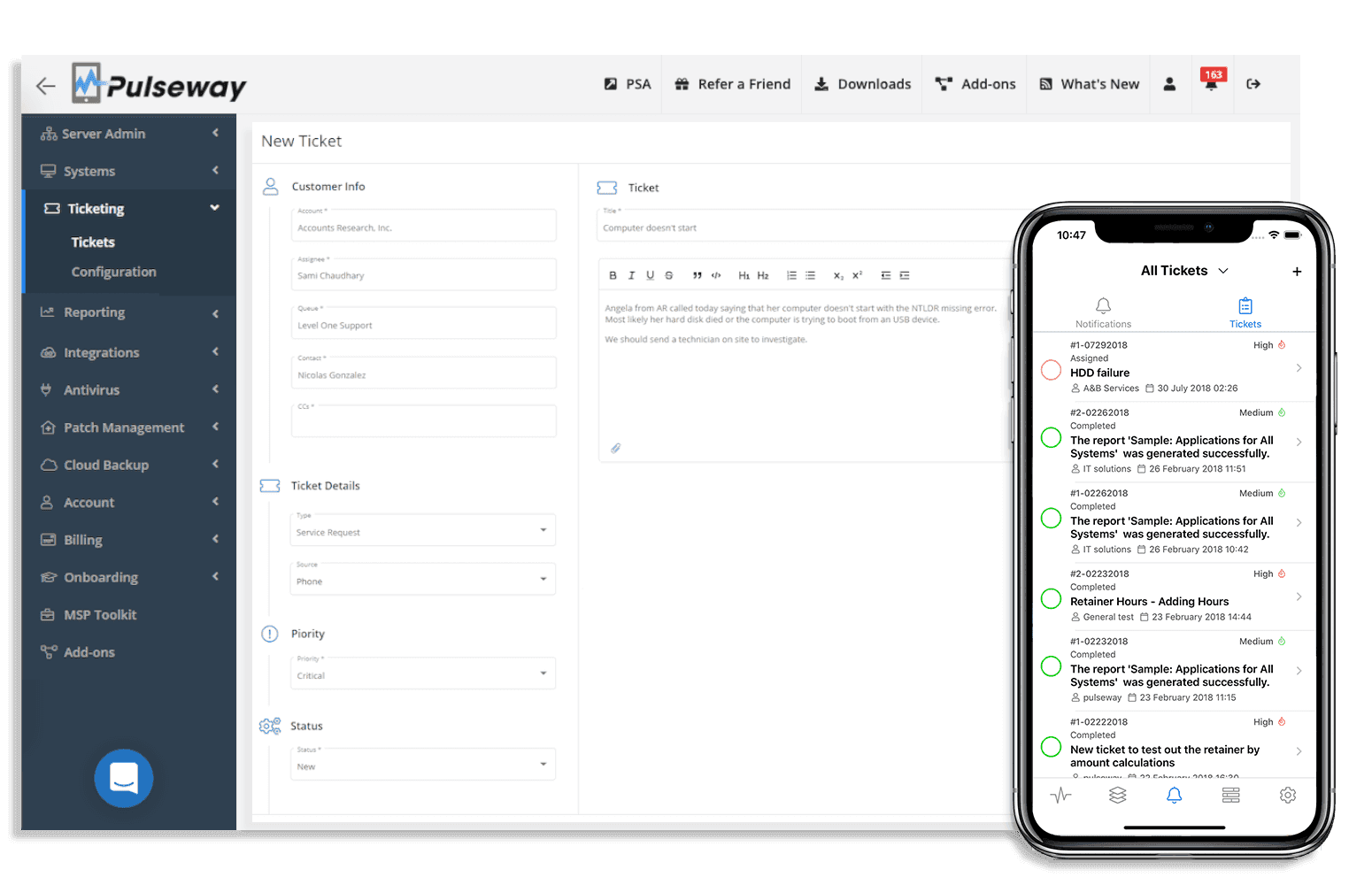 Pulseway in-app ticketingmodule